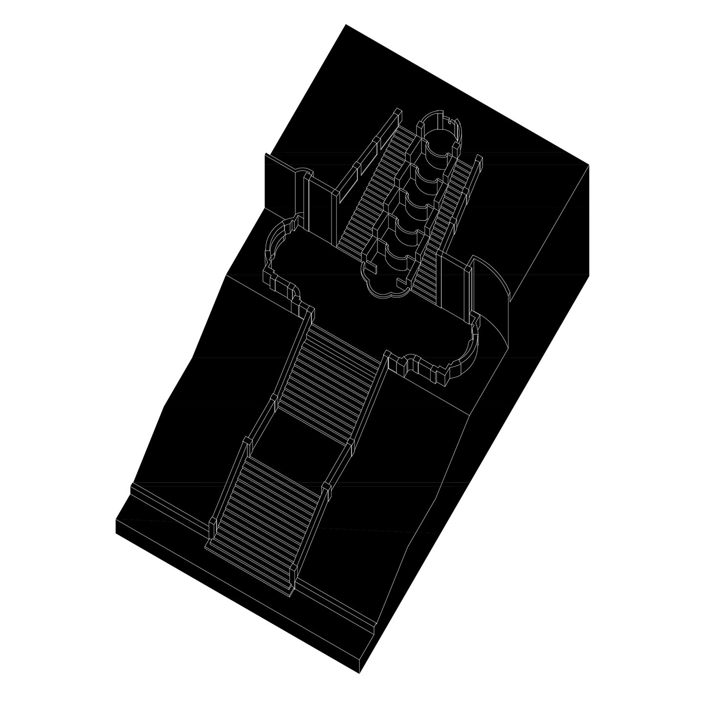 Maqueta 3D de escaleras en blanco y negro