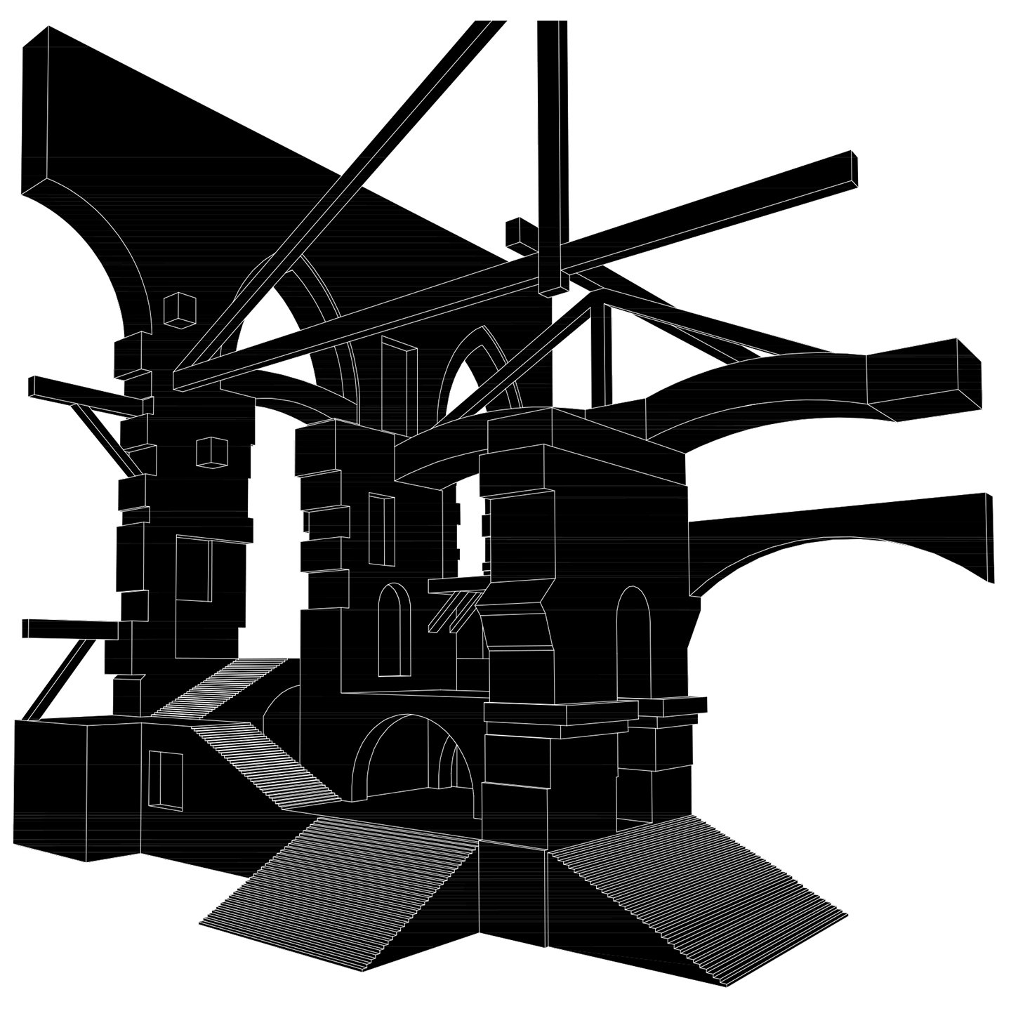 Maqueta 3D de escaleras en blanco y negro